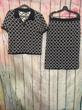 Talbots Black and White Lattice Knit Skirt Set Large Top, Petite Large Skirt